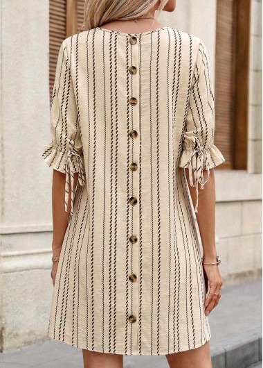 women clothes image of Light Camel Striped Short Bowknot 3/4 Sleeve Dress