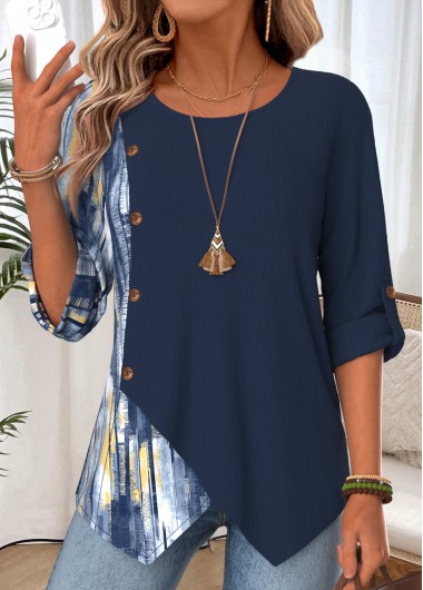 women clothes image of Navy Geometric Print Layered Long Sleeve Round Neck Blouse