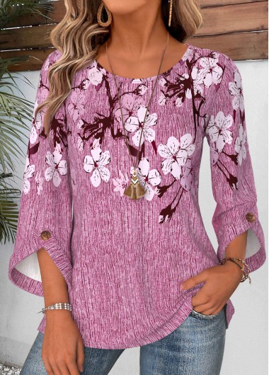 women clothes image of Violet Floral Print Button 3/4 Sleeve Round Neck Blouse