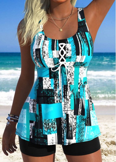 women clothes image of Multi Color Lace Up Geometric Print Tankini Top