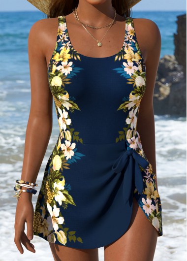 women clothes image of Navy Tie Floral Print One Piece Swimdress