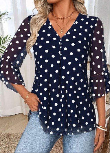 women clothes image of Navy Polka Dot Ruffle 3/4 Sleeve V Neck Blouse