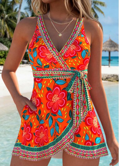 women clothes image of Orange Layered Floral Print One Piece Swimdress