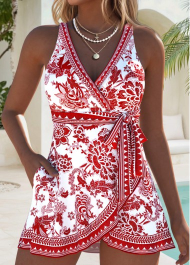 women clothes image of Brick Red Bowknot Random Floral Print One Piece Swimdress
