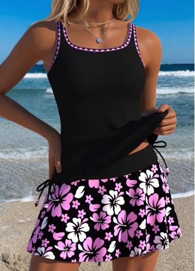 women clothes image of Black Mid Waisted Bowknot Floral Print Tankini Set