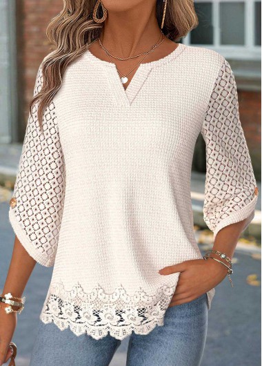 women clothes image of Beige Curved Hem 3/4 Sleeve Split Neck Blouse