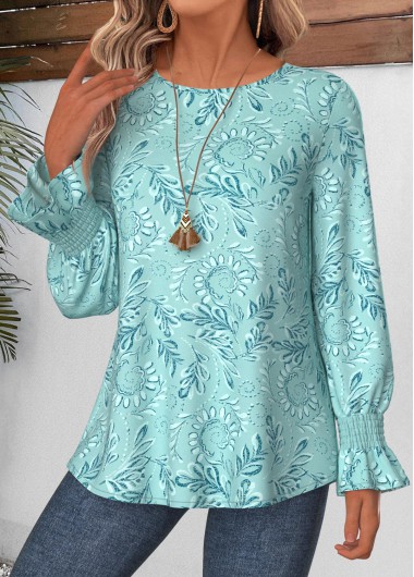 women clothes image of Cyan Tribal Print Curved Hem Long Sleeve Blouse