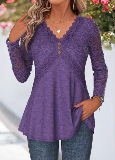 women clothes image of Purple Curved Hem Long Sleeve V Neck Blouse