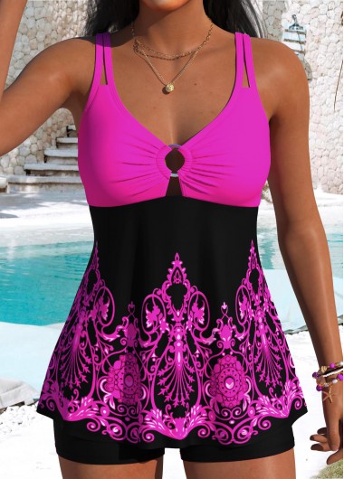 women clothes image of Black Mid Waisted Tribal Print Tankini Set