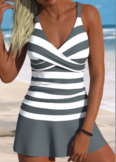 women clothes image of Grey Mid Waisted Surplice Striped Tankini Set