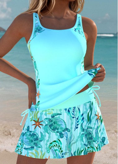 women clothes image of Cyan Mid Waisted Bowknot Marine Life Print Tankini Set