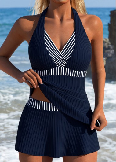 women clothes image of Navy Mid Waisted Fake 2in1 Striped Tankini Set