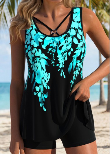 women clothes image of Black Criss Cross Floral Print Tankini Top