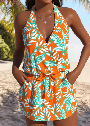 women clothes image of Orange High Waisted Fake 2in1 Tankini Set