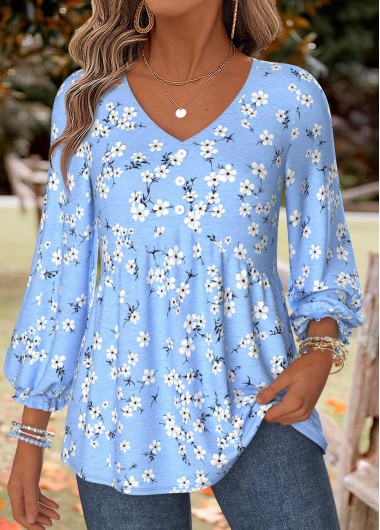 women clothes image of Blue Ditsy Floral Print Shirred 3/4 Sleeve Blouse