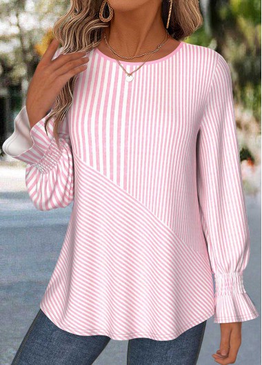 women clothes image of Pink Geometric Print Curved Hem Long Sleeve Blouse