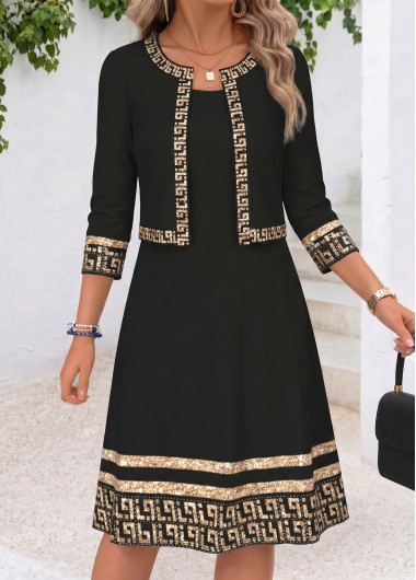 women clothes image of Black Tribal Print Two-piece Long Sleeve Dress and Cardigan