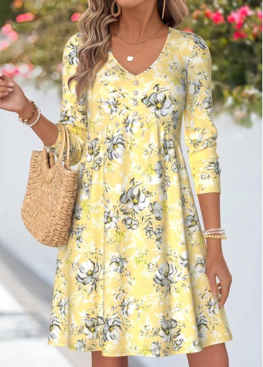 women clothes image of Light Yellow Floral Print Short Tummy Coverage Dress