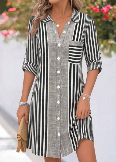 women clothes image of Grey Striped Short Tummy Coverage Long Sleeve Dress
