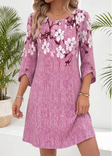 women clothes image of Pink Floral Print Short Tummy Coverage 3/4 Sleeve Dress