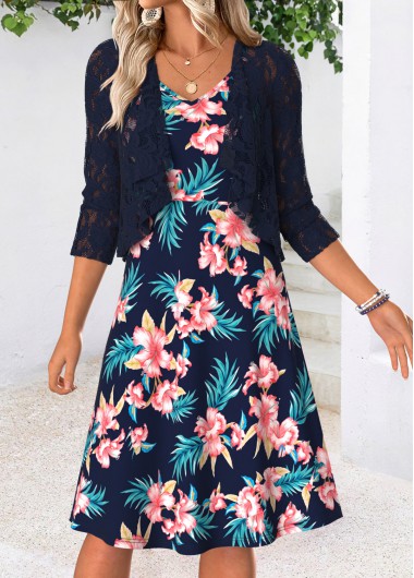 women clothes image of Navy Floral Print Two-piece Long Sleeve Dress and Cardigan