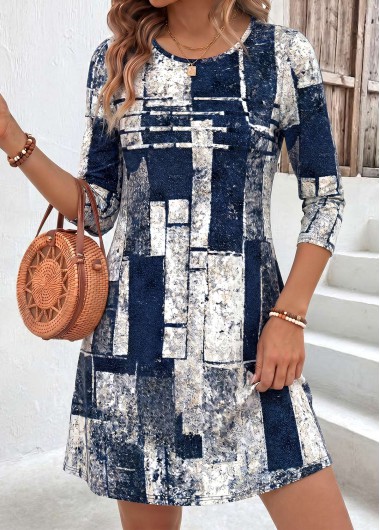 women clothes image of Dark Blue Geometric Print Tuck Stitch Long Sleeve Dress