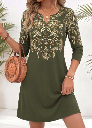 women clothes image of Green Tribal Print Tummy Coverage Long Sleeve Dress