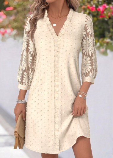 women clothes image of Beige Patchwork 3/4 Sleeve V Neck Dress