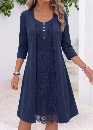 women clothes image of Navy Fake 2in1 3/4 Sleeve V Neck Dress
