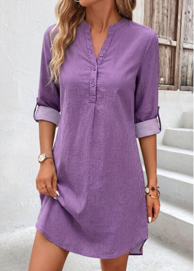 women clothes image of Purple Striped Short Curved Hem Long Sleeve Dress