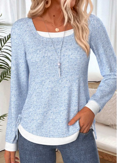 women clothes image of Light Blue Fake 2in1 Long Sleeve T Shirt