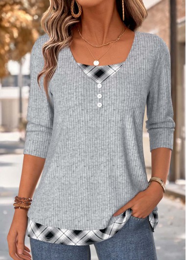 women clothes image of Light Grey Marl Plaid Fake 2in1 T Shirt