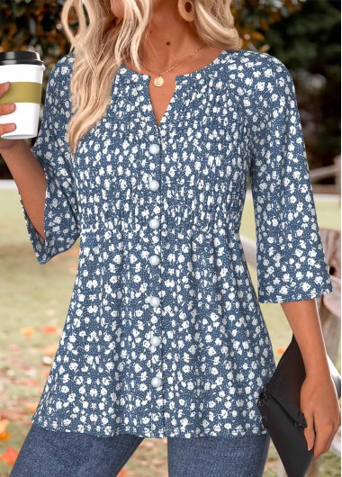 women clothes image of Dusty Blue Ditsy Floral Print Smocked 3/4 Sleeve Blouse