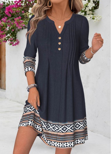 women clothes image of Navy Tribal Print Short Tuck Stitch Long Sleeve Dress