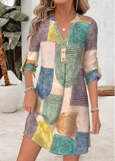 women clothes image of Multi Color Geometric Print Short Tummy Coverage Dress