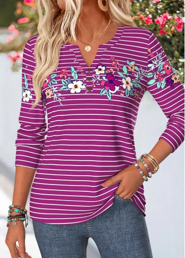 women clothes image of Purple Striped Curved Hem 3/4 Sleeve Split Neck Blouse