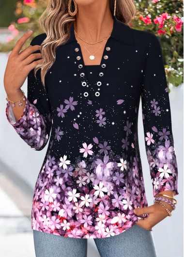 women clothes image of Pink Floral Print Fake 2in1 3/4 Sleeve Blouse