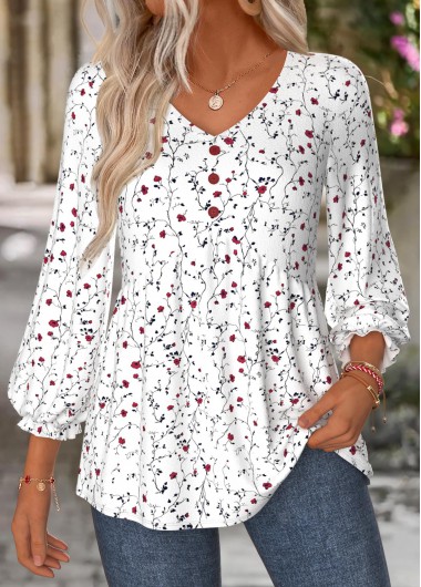 women clothes image of White Ditsy Floral Print Shirred 3/4 Sleeve Blouse