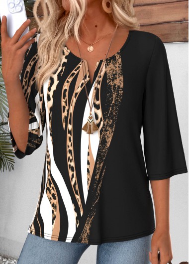 women clothes image of Black Leopard Patchwork 3/4 Sleeve Split Neck T Shirt