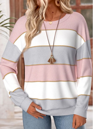 women clothes image of Multi Color Striped Long Sleeve Round Neck T Shirt