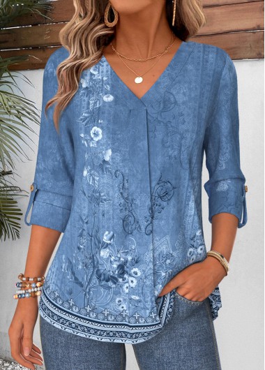 women clothes image of Blue Tribal Print Curved Hem Long Sleeve Shirt