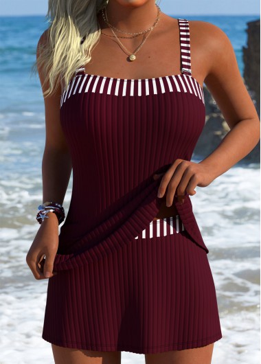 women clothes image of Wine Red Mid Waisted Striped Tankini Set