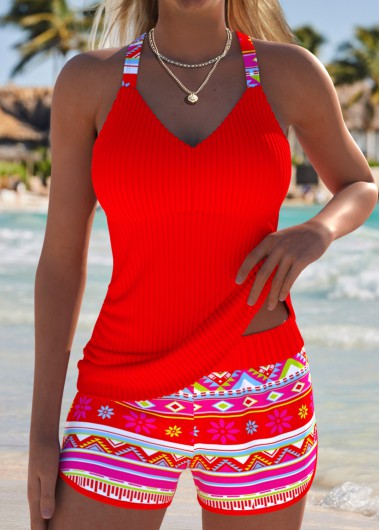 women clothes image of Red Mid Waisted Ruched Tribal Print Tankini Set