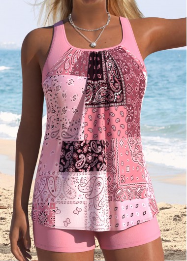 women clothes image of Pink Mid Waisted Patchwork Tankini Set