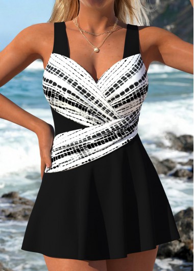women clothes image of Black Patchwork Tie Dye Print One Piece Swimdress