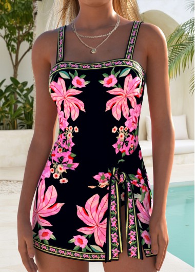 women clothes image of Black Layered Floral Print One Piece Swimdress