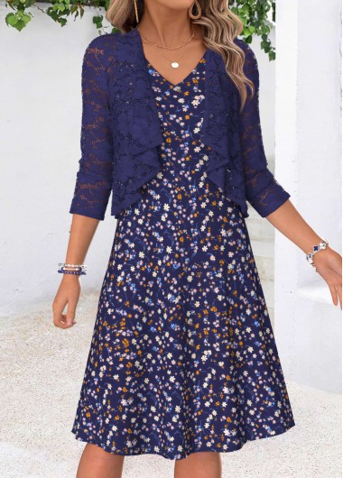 women clothes image of Dark Purple Ditsy Floral Print Two-piece Dress and Cardigan