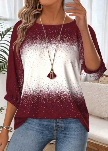 women clothes image of Red Ombre Tummy Coverage 3/4 Sleeve Round Neck Blouse