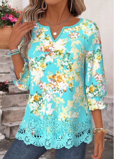 women clothes image of Cyan Floral Print Patchwork 3/4 Sleeve Split Neck Blouse