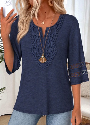 women clothes image of Navy Patchwork 3/4 Sleeve Split Neck T Shirt